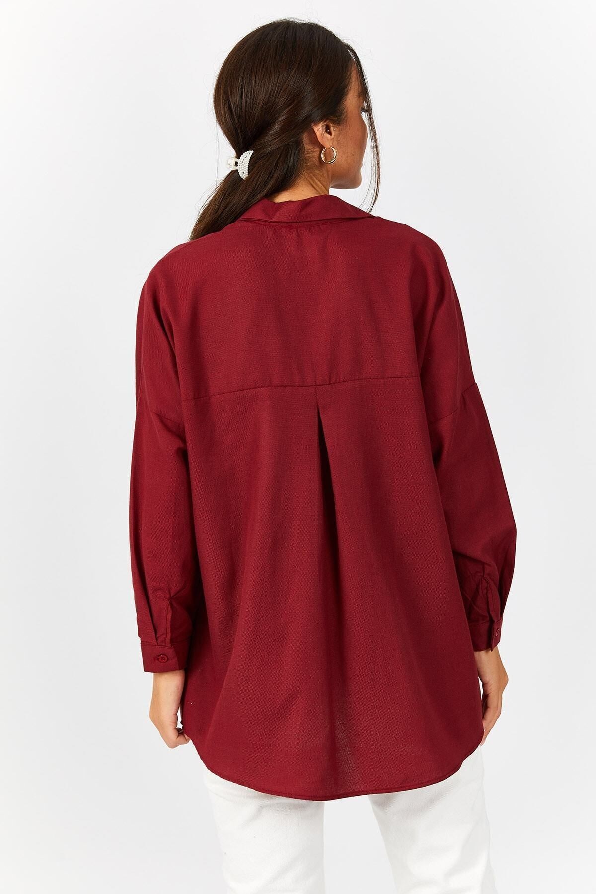 Kadın Bordo Oversize Uzun Basic Gömlek ARM-22Y001118