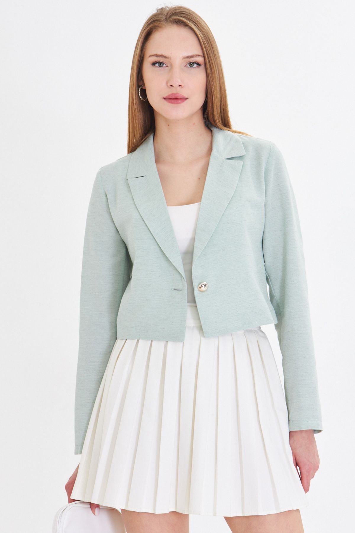 Kadın Mint Tek Düğmeli Crop Ceket Arm-23y001064