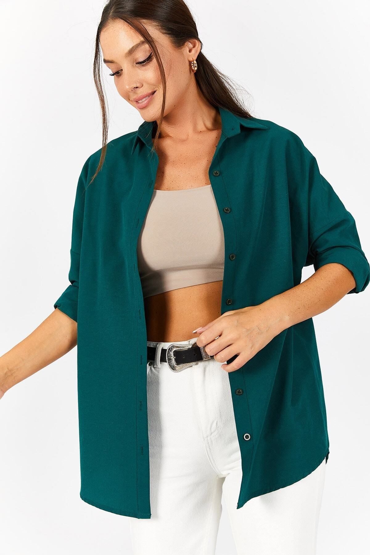Kadın Koyu Yeşil Oversize Uzun Basic Gömlek ARM-22Y001118