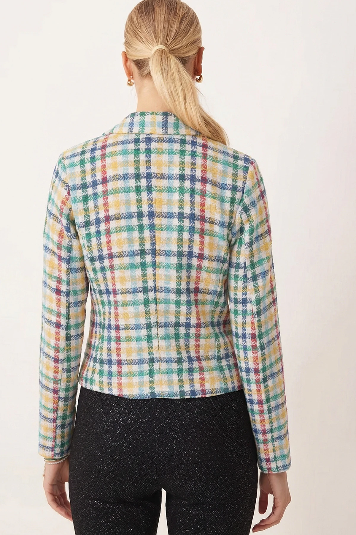 Kadın Sarı-Kırmızı Kruvaze Yaka Tüvit Crop Ceket ARM-24K001014