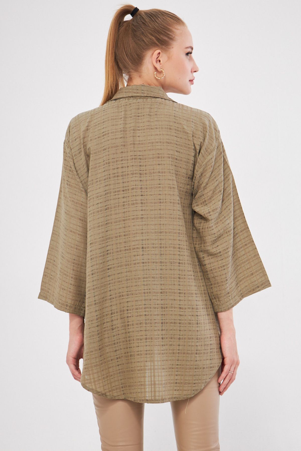 Kadın Haki Gömlek Yakalı Önden Bağcıklı Kimono Gömlek ARM-25K001006