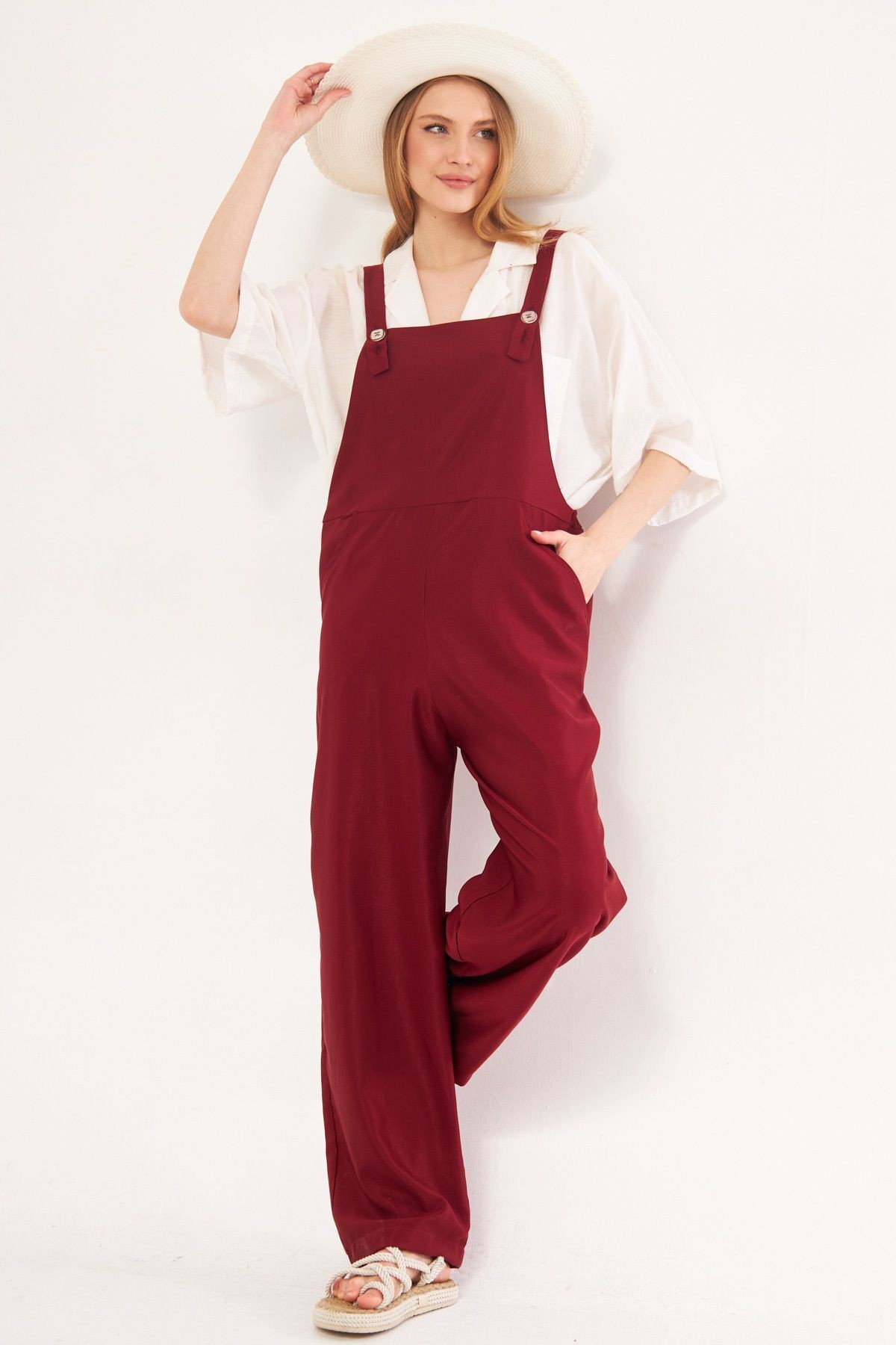 Kadın Bordo İkosi Tulum Cepli Geniş Paçalı Bahçıvan Model ARM-24Y001043