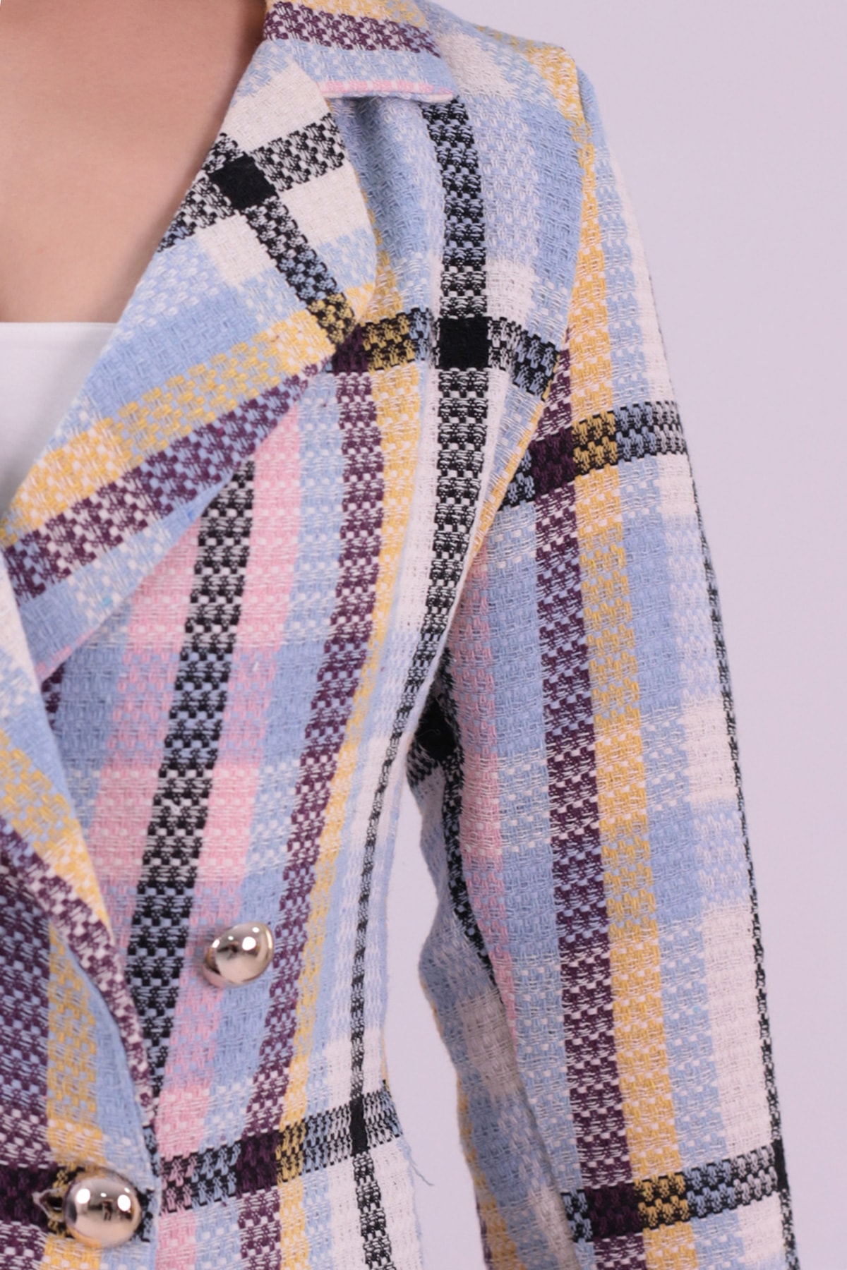 Kadın Pudra-Mavi Kruvaze Yaka Tüvit Crop Ceket ARM-24K001014