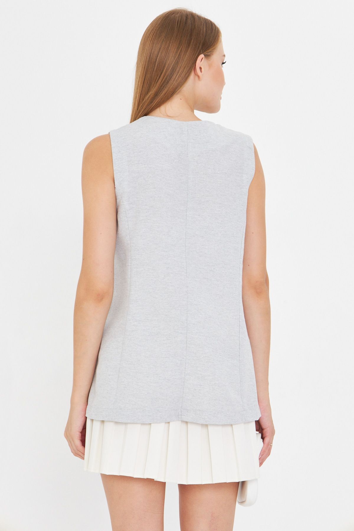 Kadın Gri V Yaka Tek Düğme Oversize Yelek ARM-25Y001036
