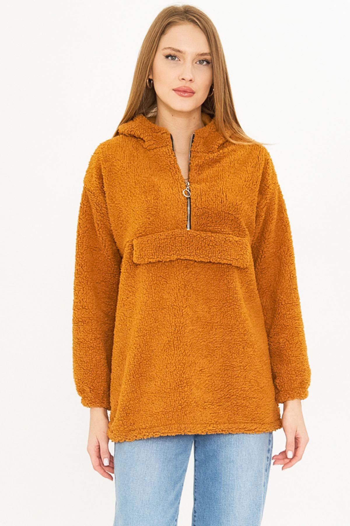 Kadın Camel Kapüşonlu Cep Kapaklı Peluş Sweatshirt ARM-25K001090