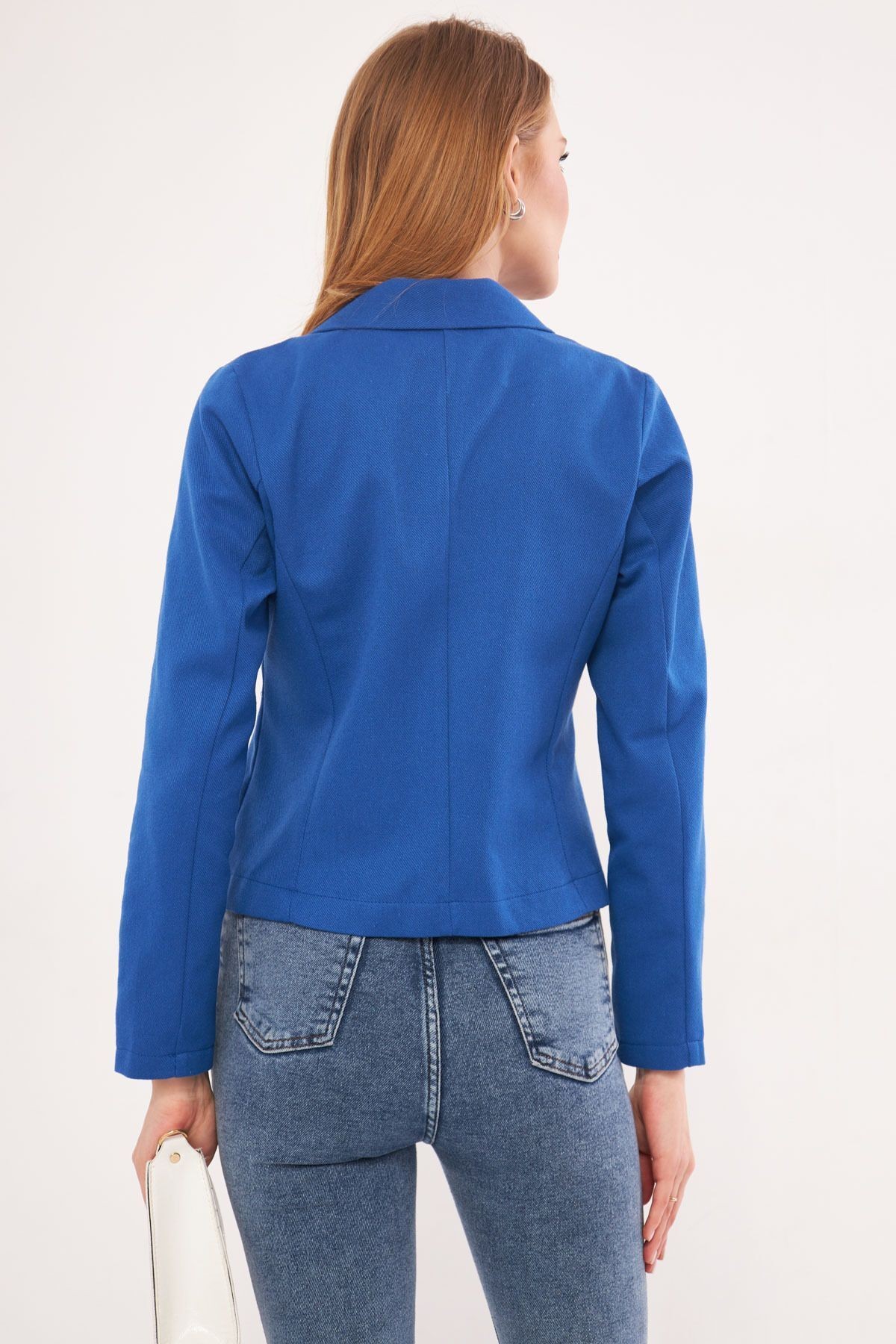 Kadın Saks Kruvaze Yaka Gabardin Crop Ceket ARM-24Y001010