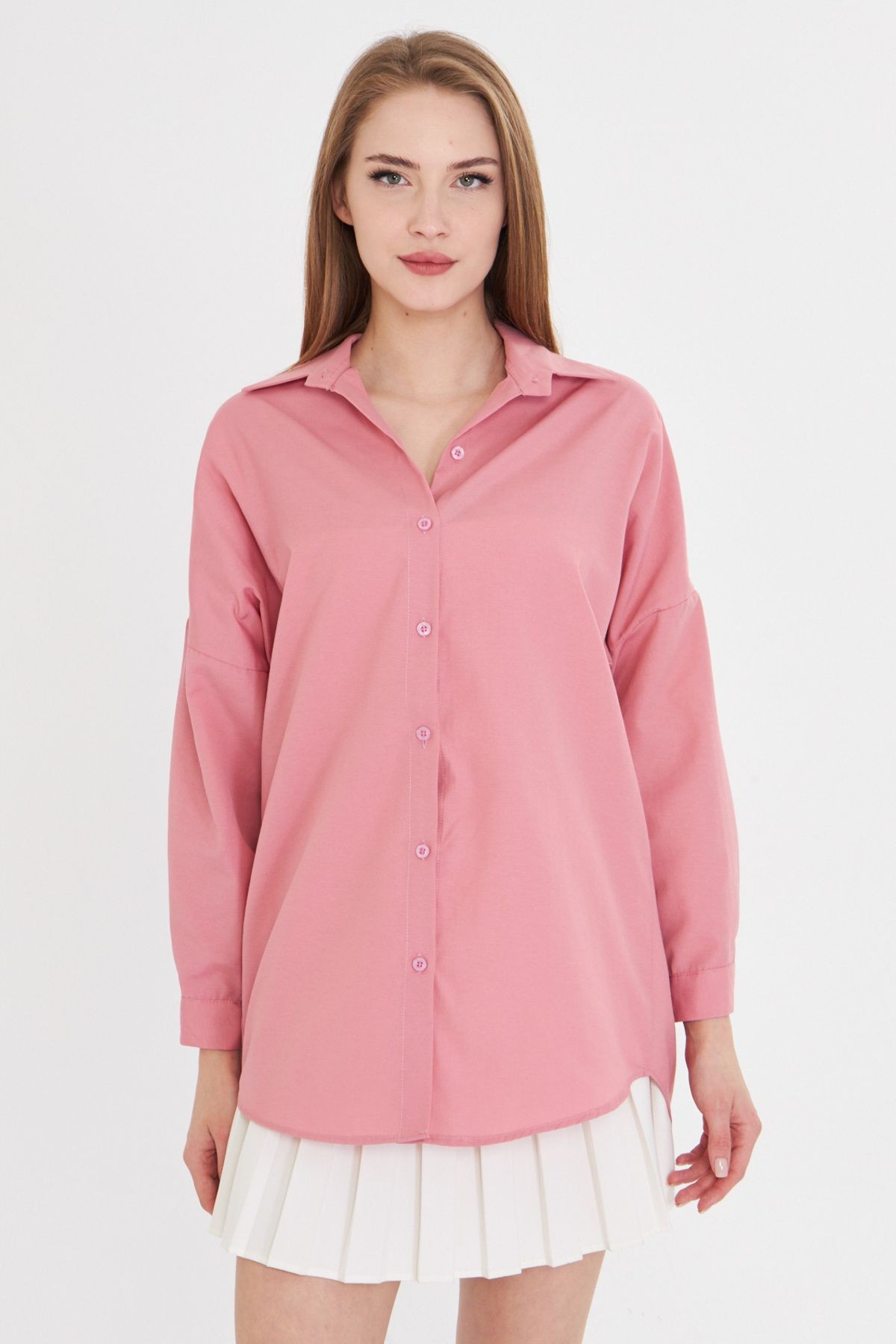 Kadın Açık Pembe Oversize Uzun Basic Gömlek ARM-22Y001118