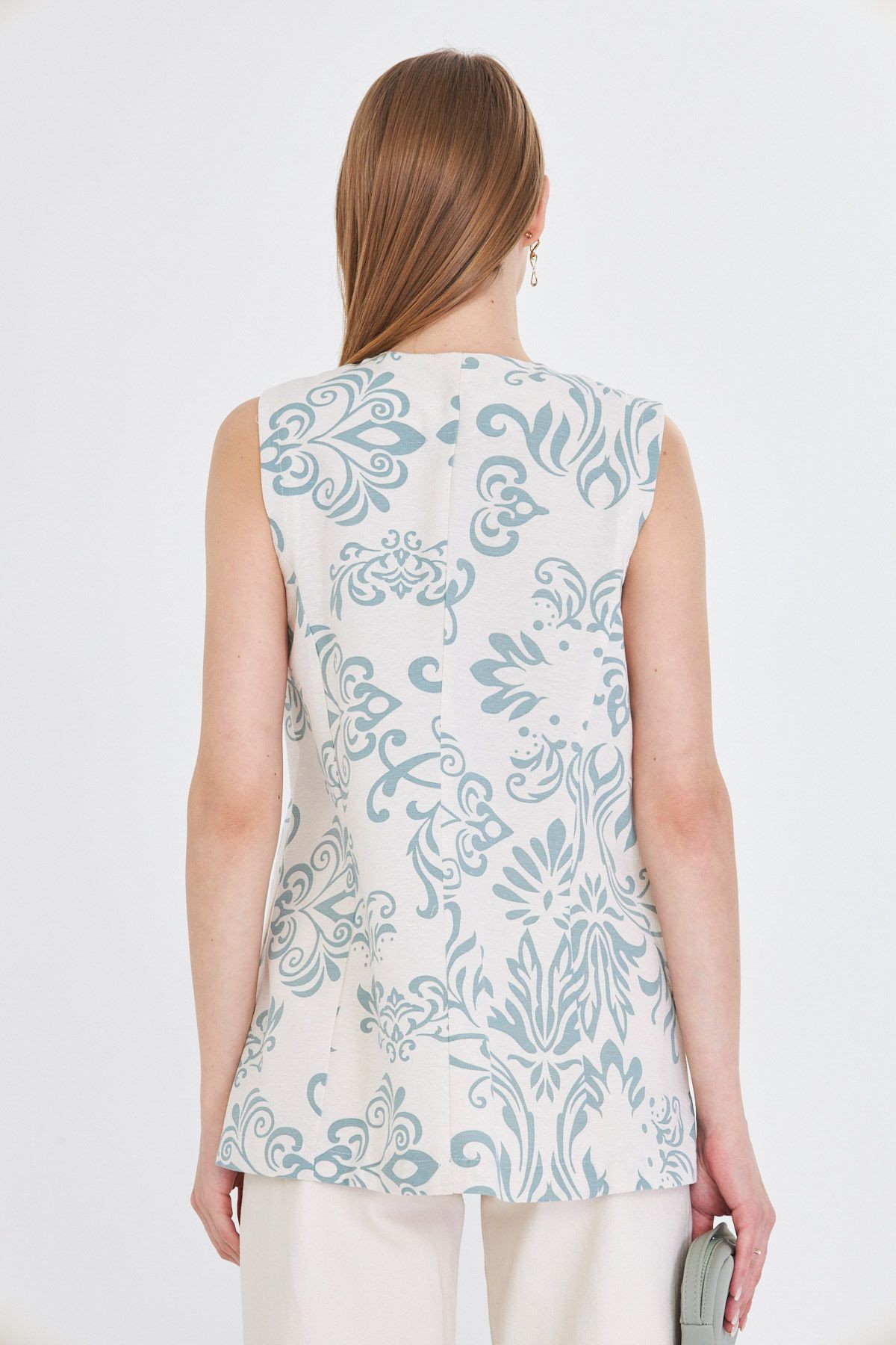 Kadın Mint V Yaka Tek Düğme Oversize Desenli Yelek ARM-25Y001032