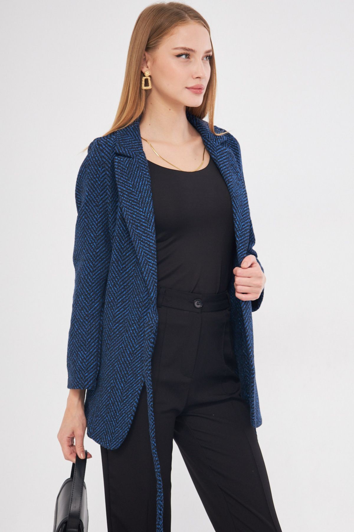 Kadın Saks Yandan Bağlamalı Balık Sırtı Desenli Kaşe Ceket ARM-25K001019