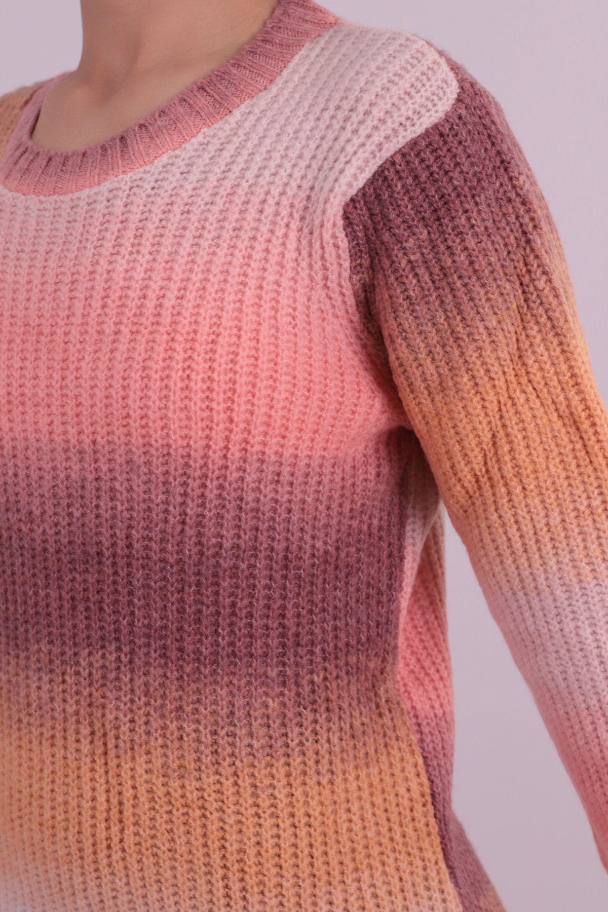 Kadın Gül Kurusu Bisiklet Yaka Renkli Triko Elbise ARM-26K136029