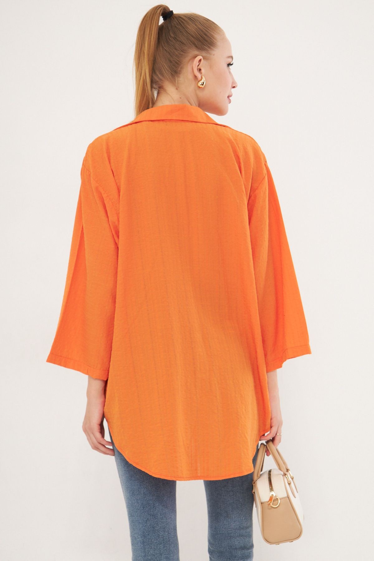 Kadın Turuncu Gömlek Yakalı Önden Bağcıklı Kimono Gömlek ARM-25K001006
