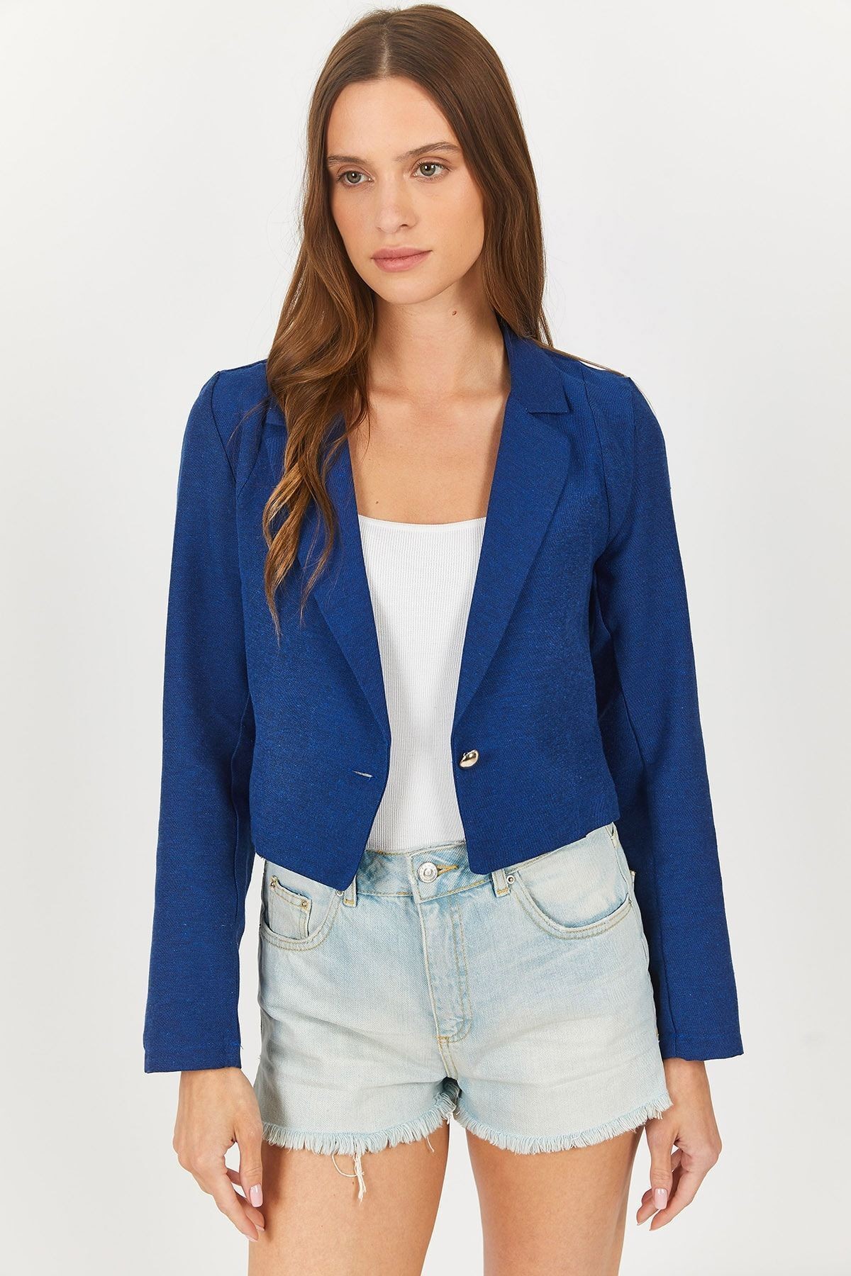 Kadın Saks Tek Düğmeli Crop Ceket Arm-23y001064