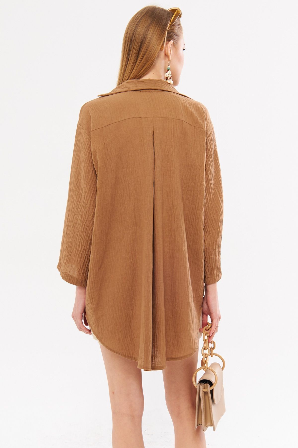Kadın Kahve Keten Görünümlü Önden Bağlamalı Kimono Gömlek ARM-24Y001063