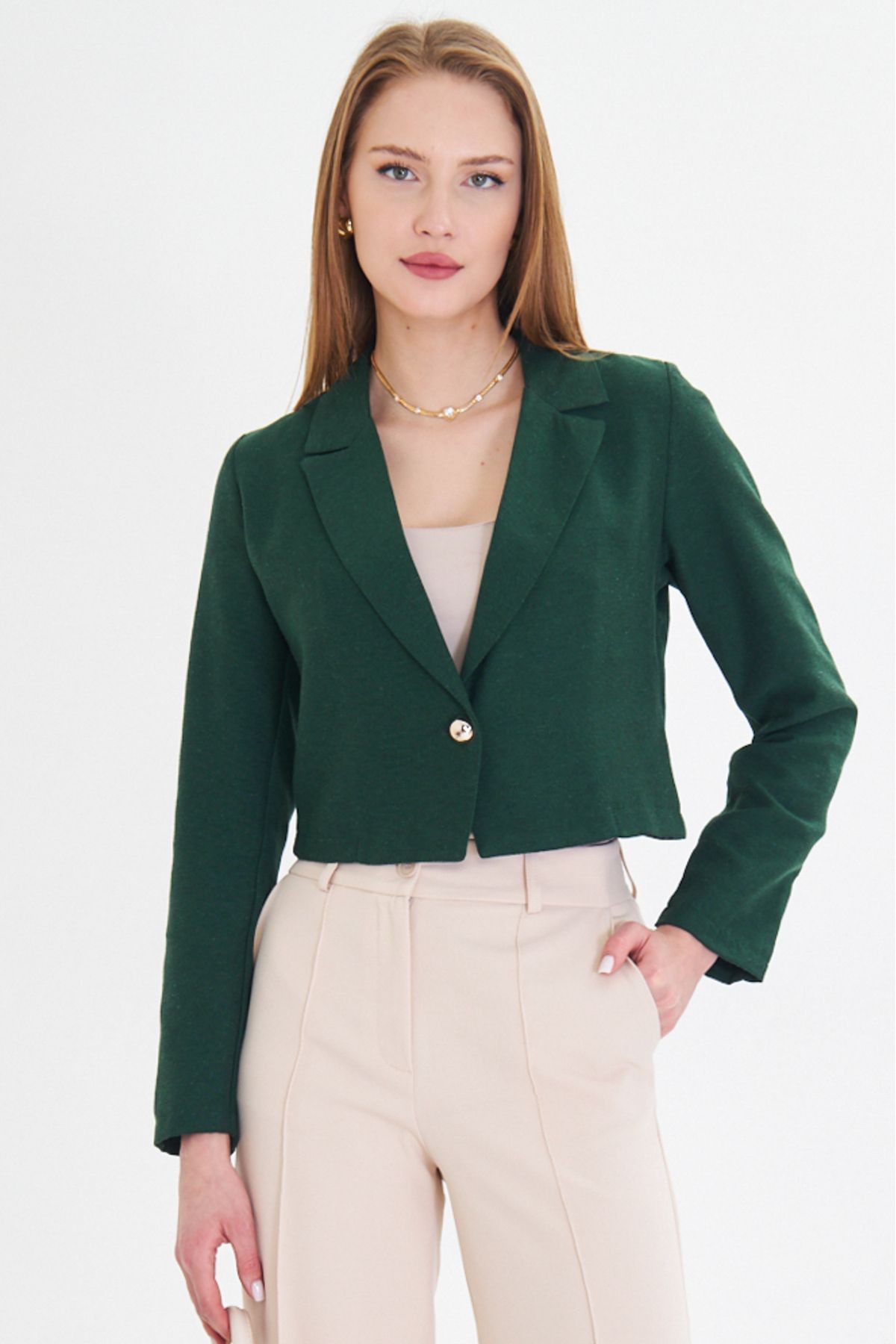 Kadın Zümrüt Tek Düğmeli Crop Ceket ARM-23Y001064