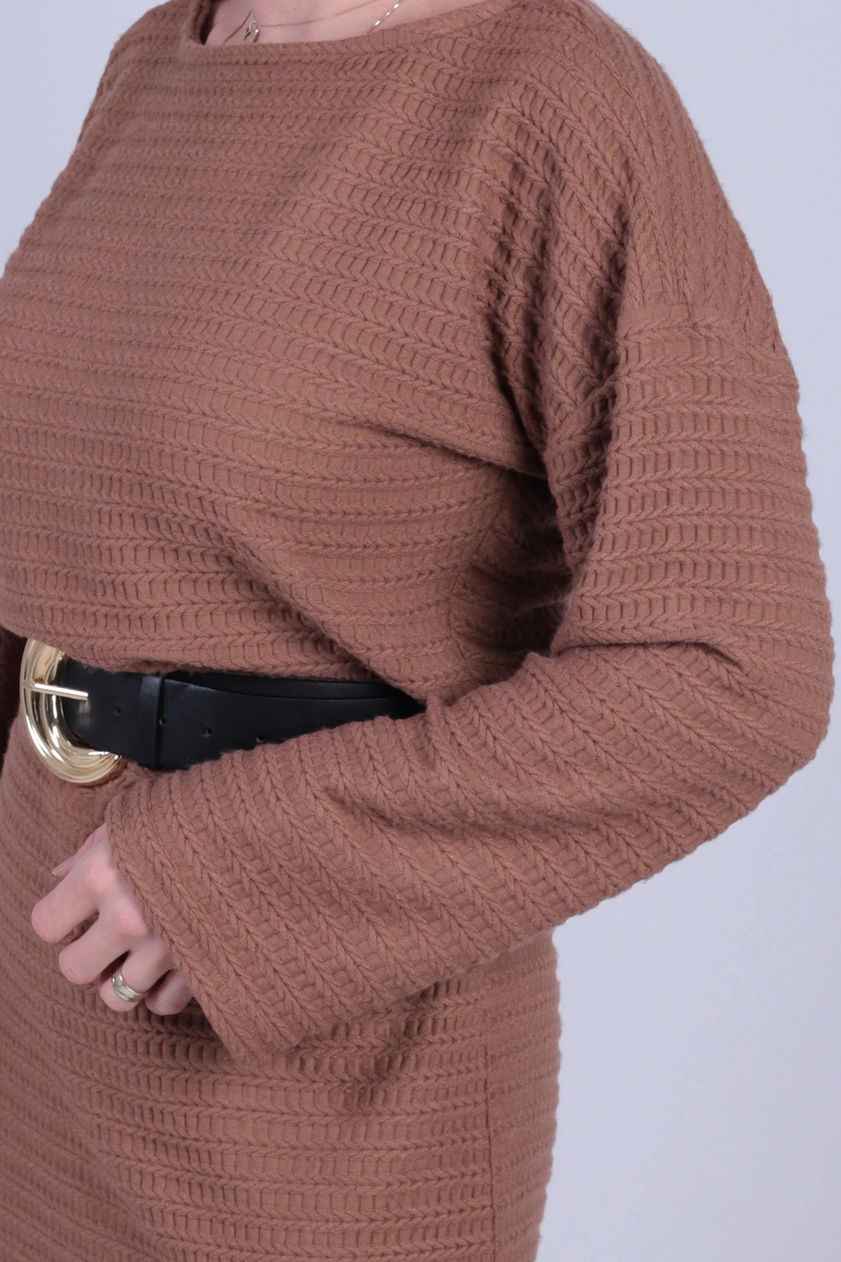 Kadın Açık Kahve Uzun Kollu Yumuşak Dokulu Salaş Elbise ARM-26K001078