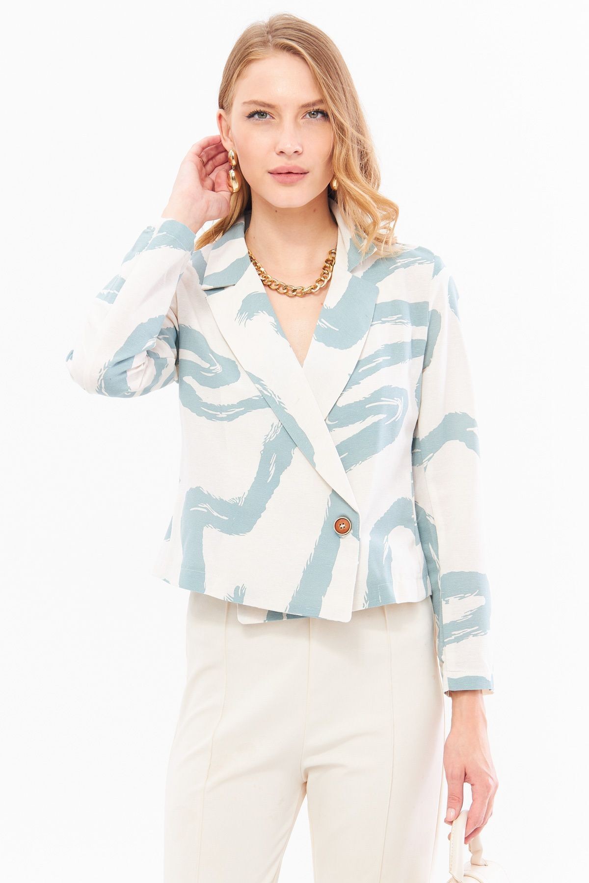 Kadın Mint Kruvaze Yaka Desenli Crop Ceket ARM-24Y001058