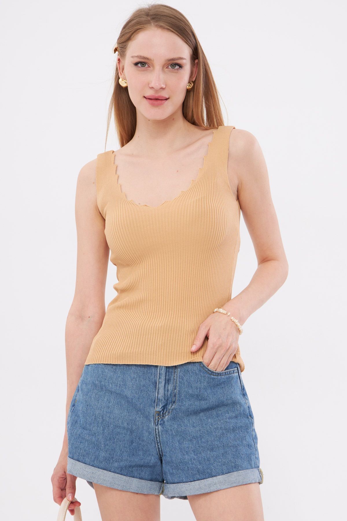 Kadın Vizon Zigzaglı V Yaka Kaşkorse Bluz ARM-23Y069004