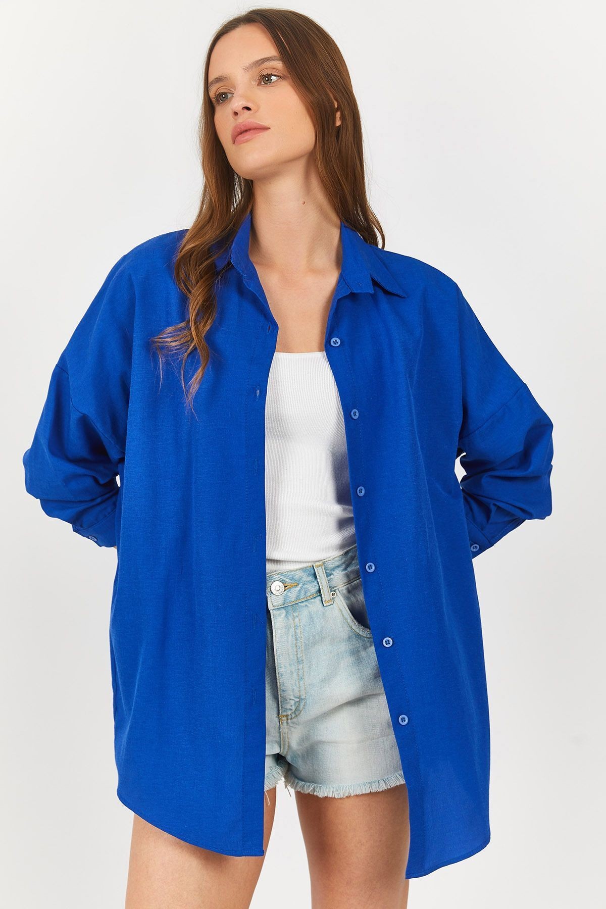 Kadın Saks Oversize Uzun Basic Gömlek Arm-22y001118