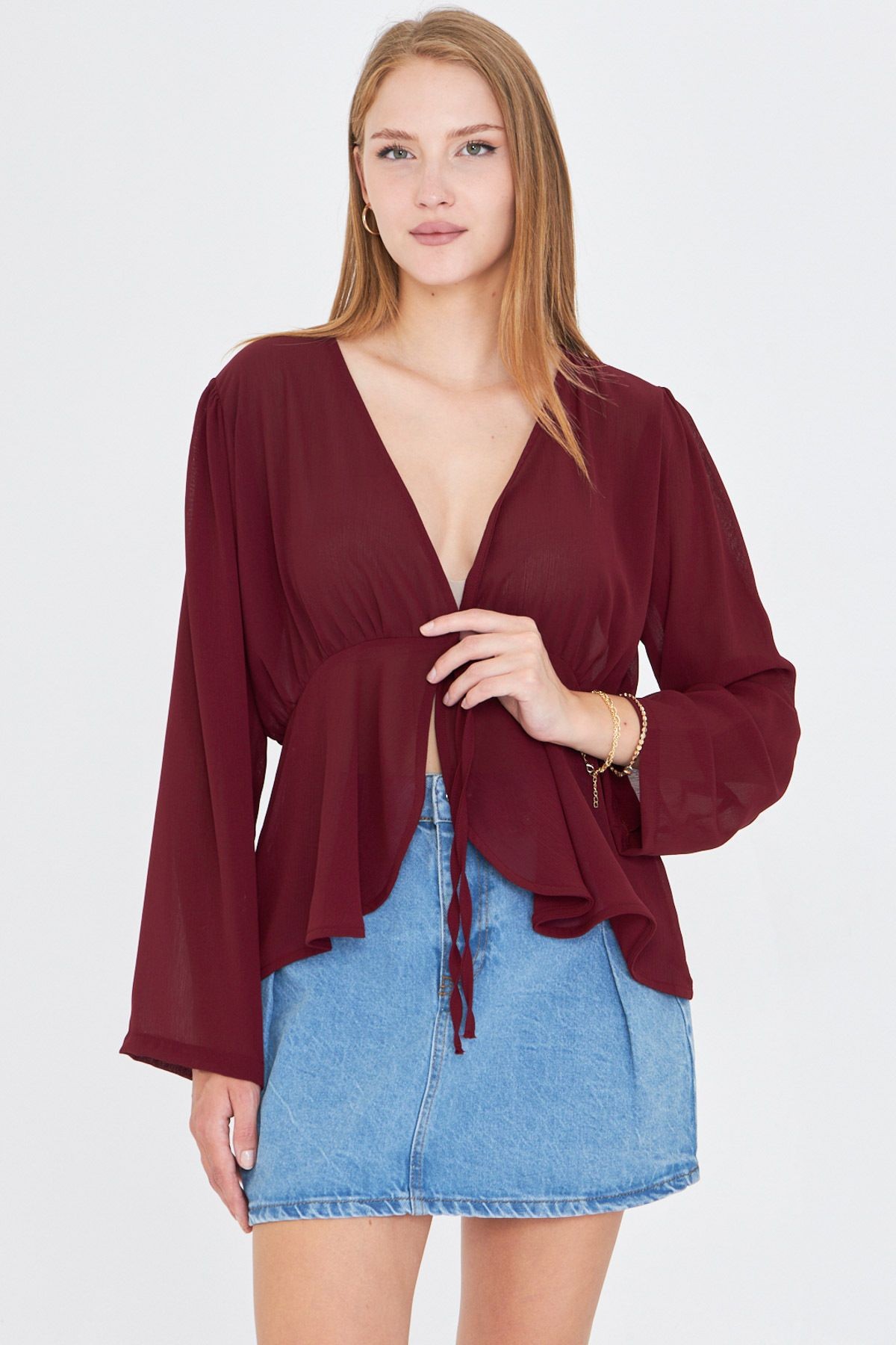 Kadın Bordo Önden Bağlama Detaylı Şifon Bluz ARM-25Y001072