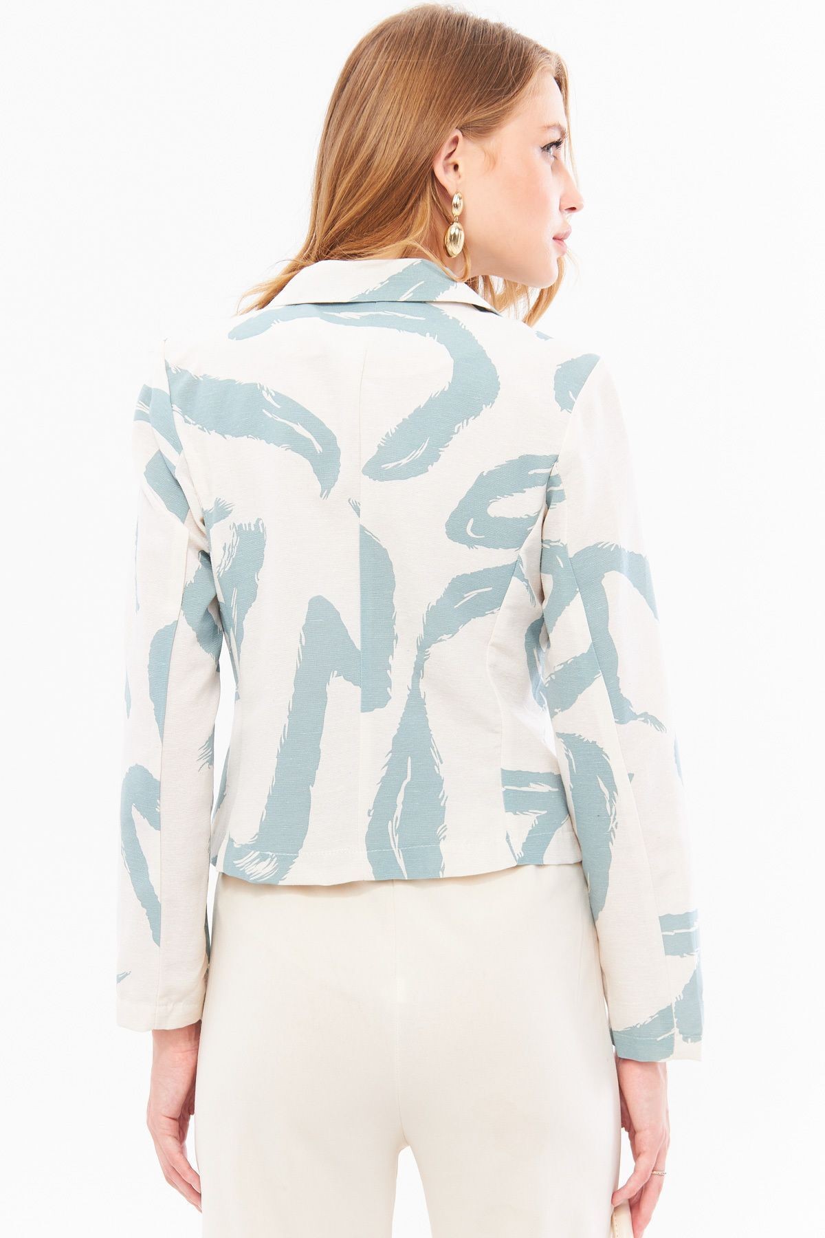 Kadın Mint Kruvaze Yaka Desenli Crop Ceket ARM-24Y001058