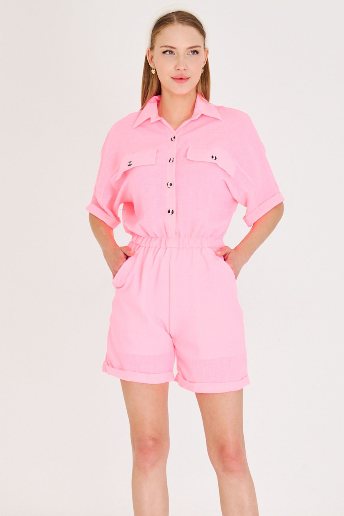 Kadın Neon Pembe Yarasa Kol Cepli Beli Lastikli Şortlu Tulum ARM-23Y001075