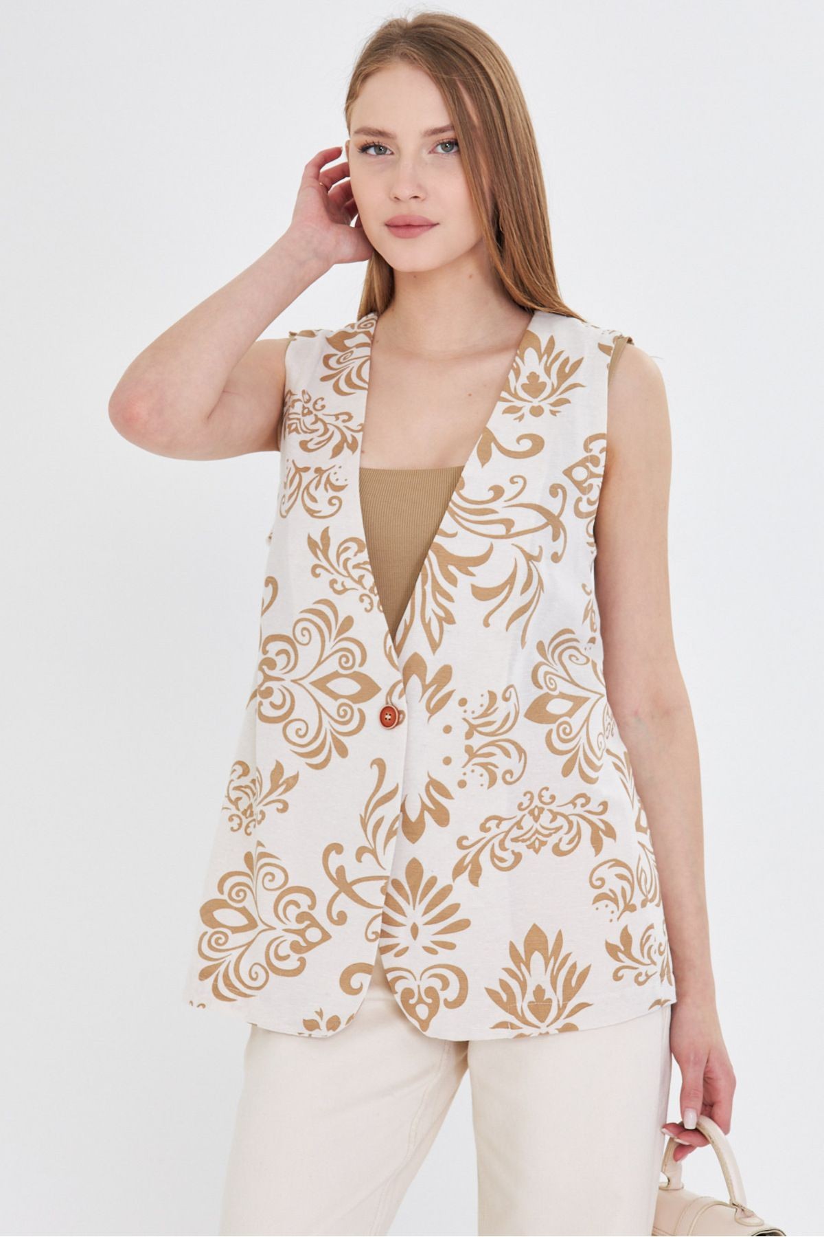 Kadın Vizon V Yaka Tek Düğme Oversize Desenli Yelek ARM-25Y001032