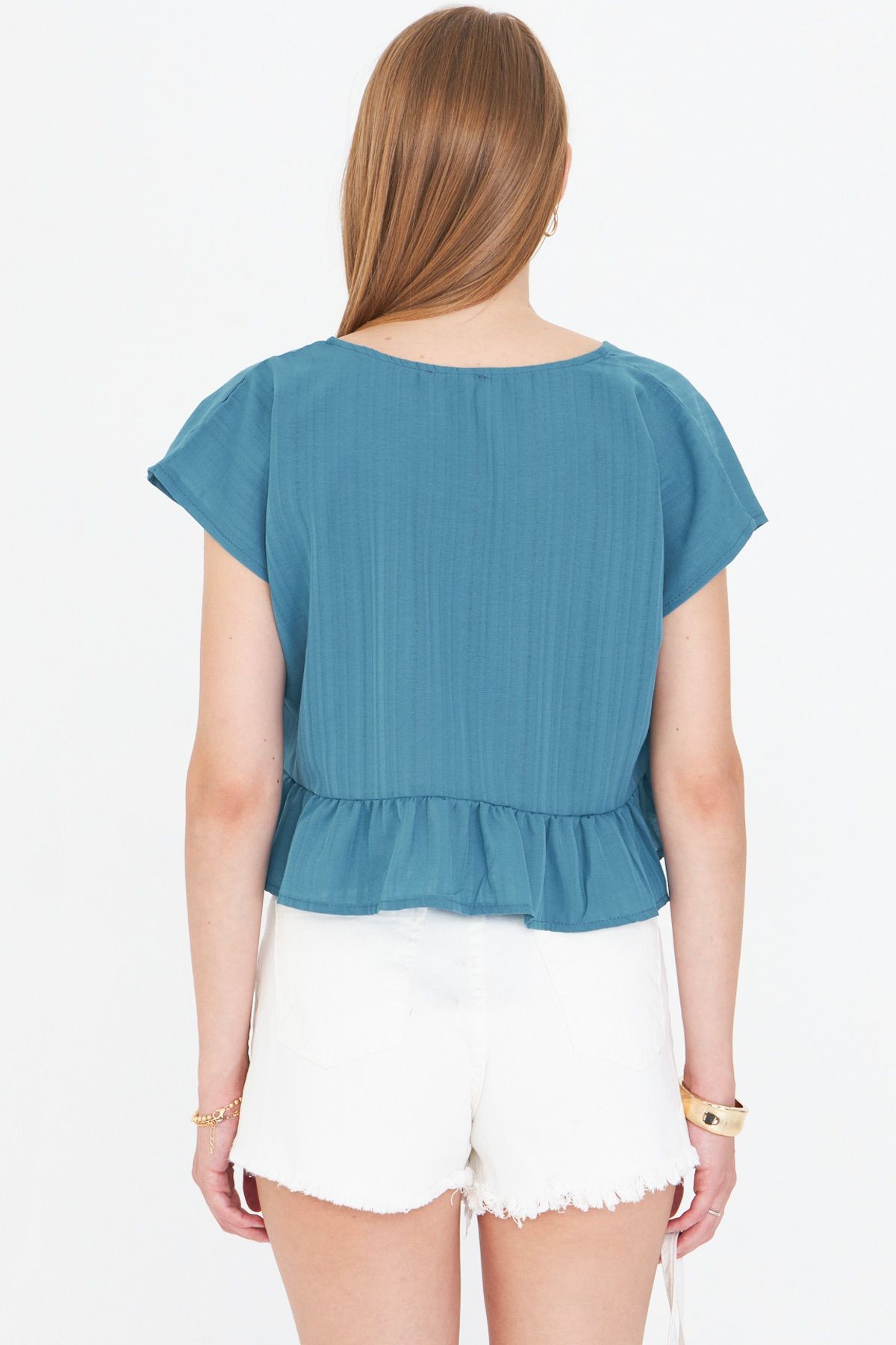 Kadın Petrol Yarasa Kol Yakası Bağlamalı Eteği Fırfırlı Oversize Crop Bluz ARM-24Y001088