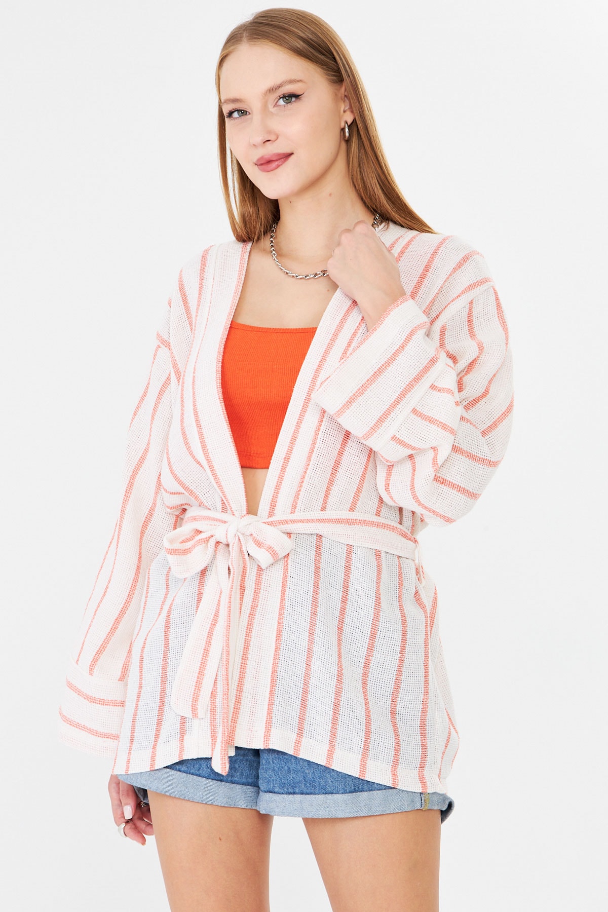Kadın Turuncu-Beyaz Kemerli Kimono ARM-25Y001073