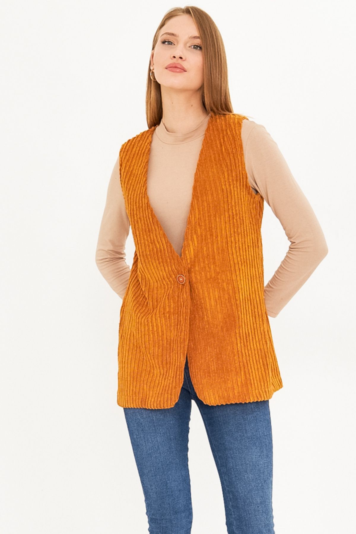 Kadın Hardal V Yaka Tek Düğmeli Oversize Kalın Fitilli Kadife Yelek ARM-25K001016