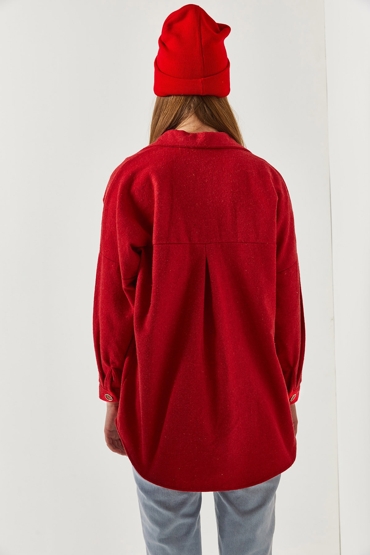 Kadın Kırmızı Oversize Kaşe Cepli Gömlek ARM-22Y001156