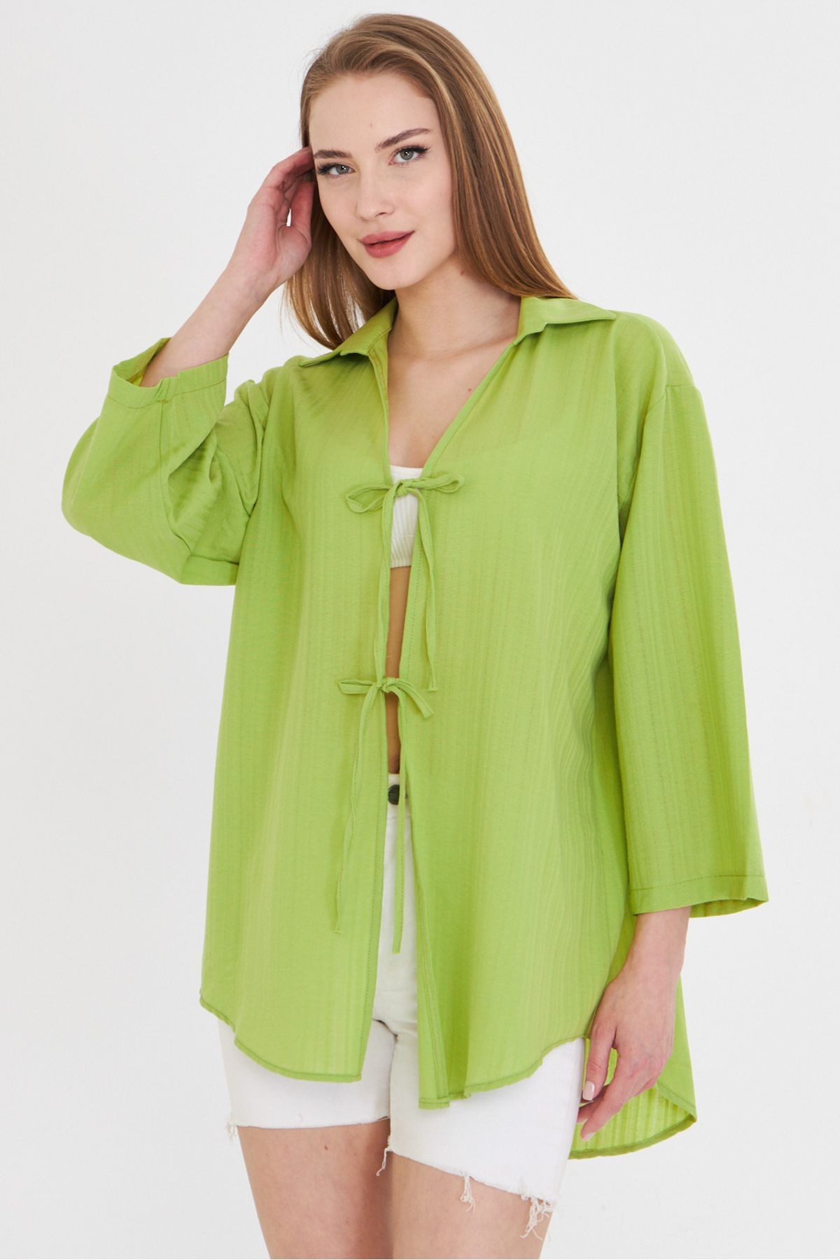 Kadın Fıstık Yeşili Gömlek Yakalı Önden Bağcıklı Kimono Gömlek ARM-25K001006