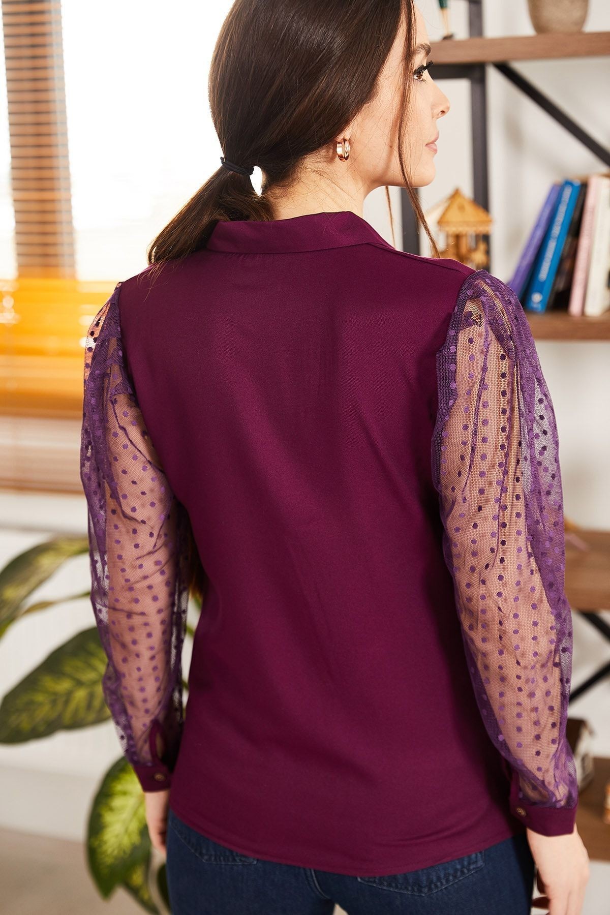 Kadın Mürdüm Kolları Tül Gömlek ARM-20K001068