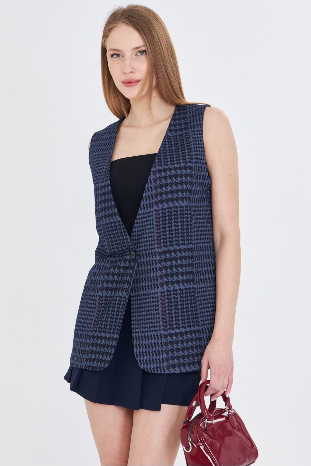 Kadın Lacivert V Yaka Tek Düğme Oversize Desenli Yelek ARM-25Y001032