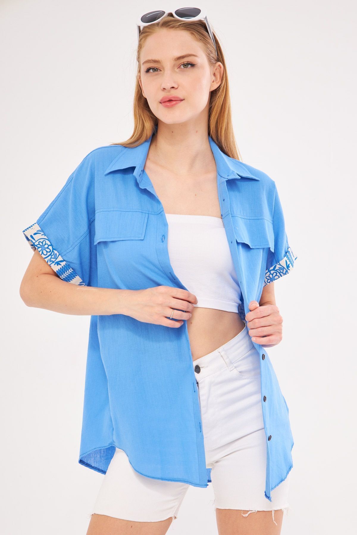 Kadın Bebe Mavi Oversize Duble Kol Detaylı Gömlek ARM-24Y001075