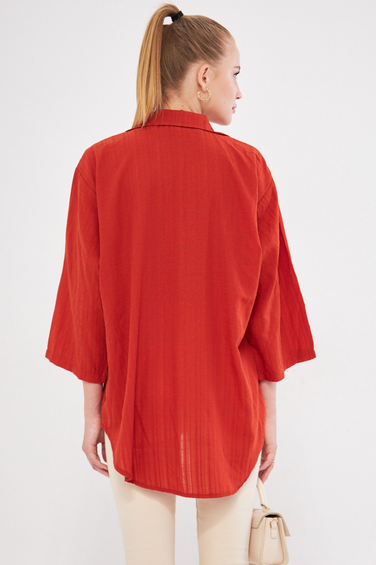 Kadın Kiremit Gömlek Yakalı Önden Bağcıklı Kimono Gömlek ARM-25K001006