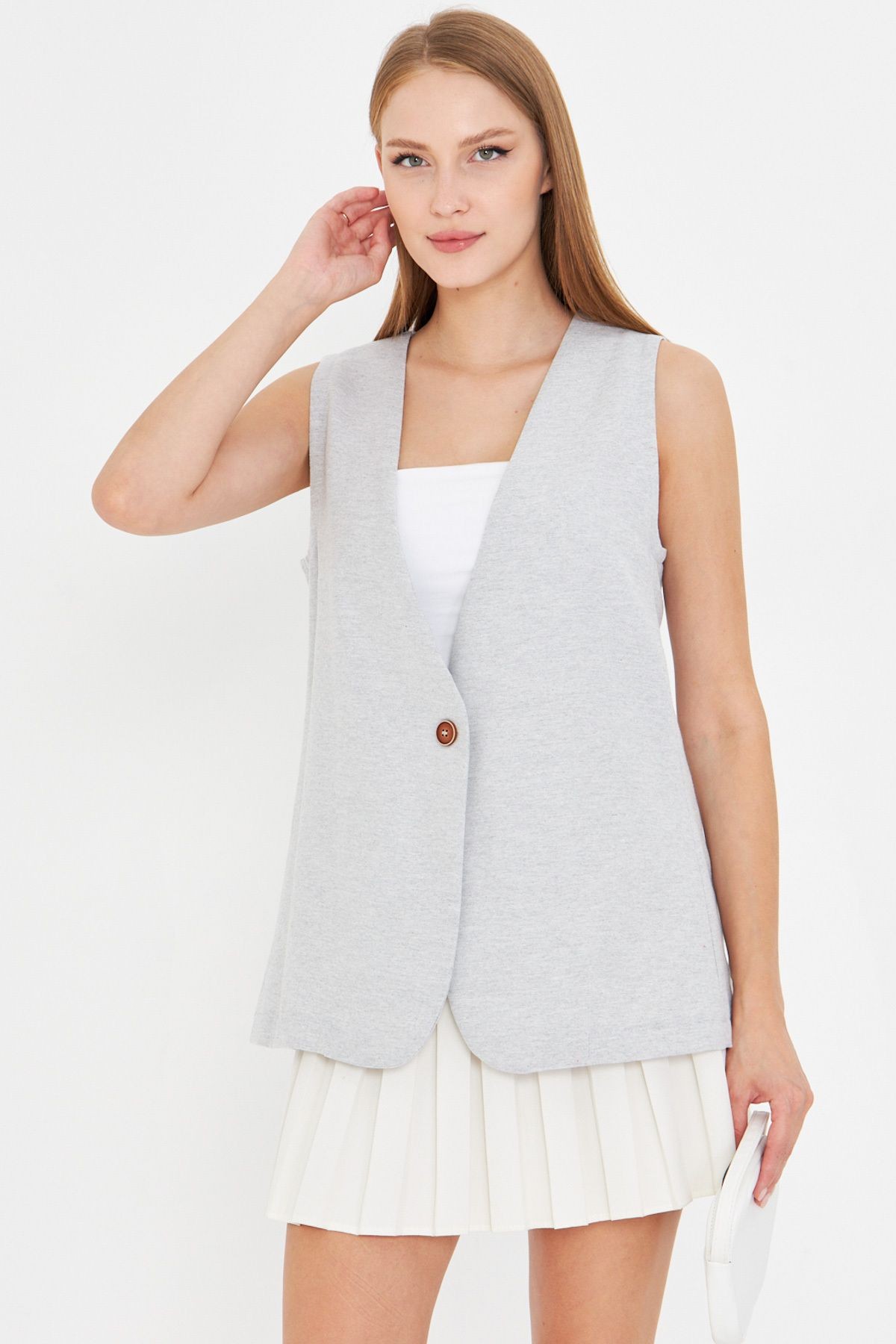 Kadın Gri V Yaka Tek Düğme Oversize Yelek ARM-25Y001036