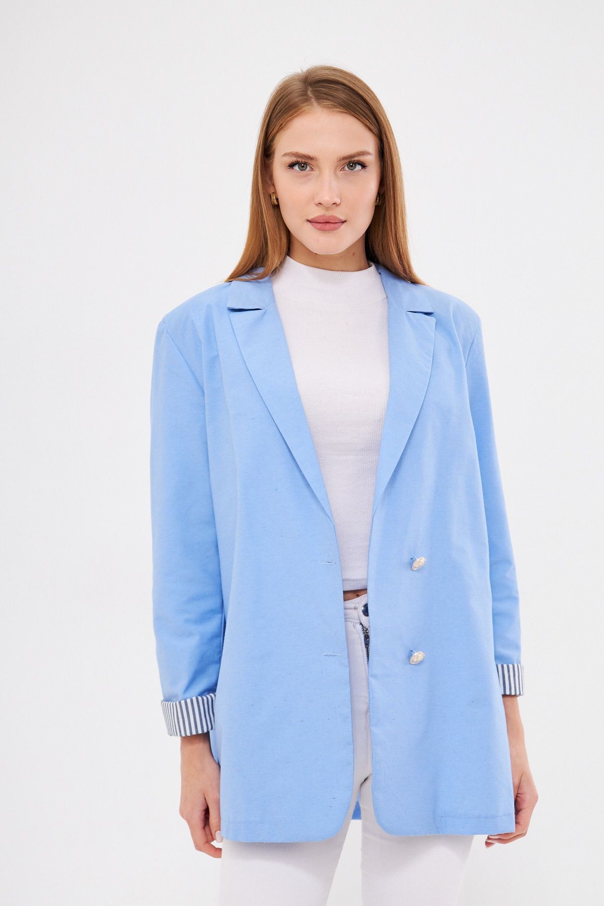 Kadın Bebe Mavi Kruvaze Yaka Kolu Katlama Detaylı Oversize Vatkalı Blazer Ceket ARM-25K001015
