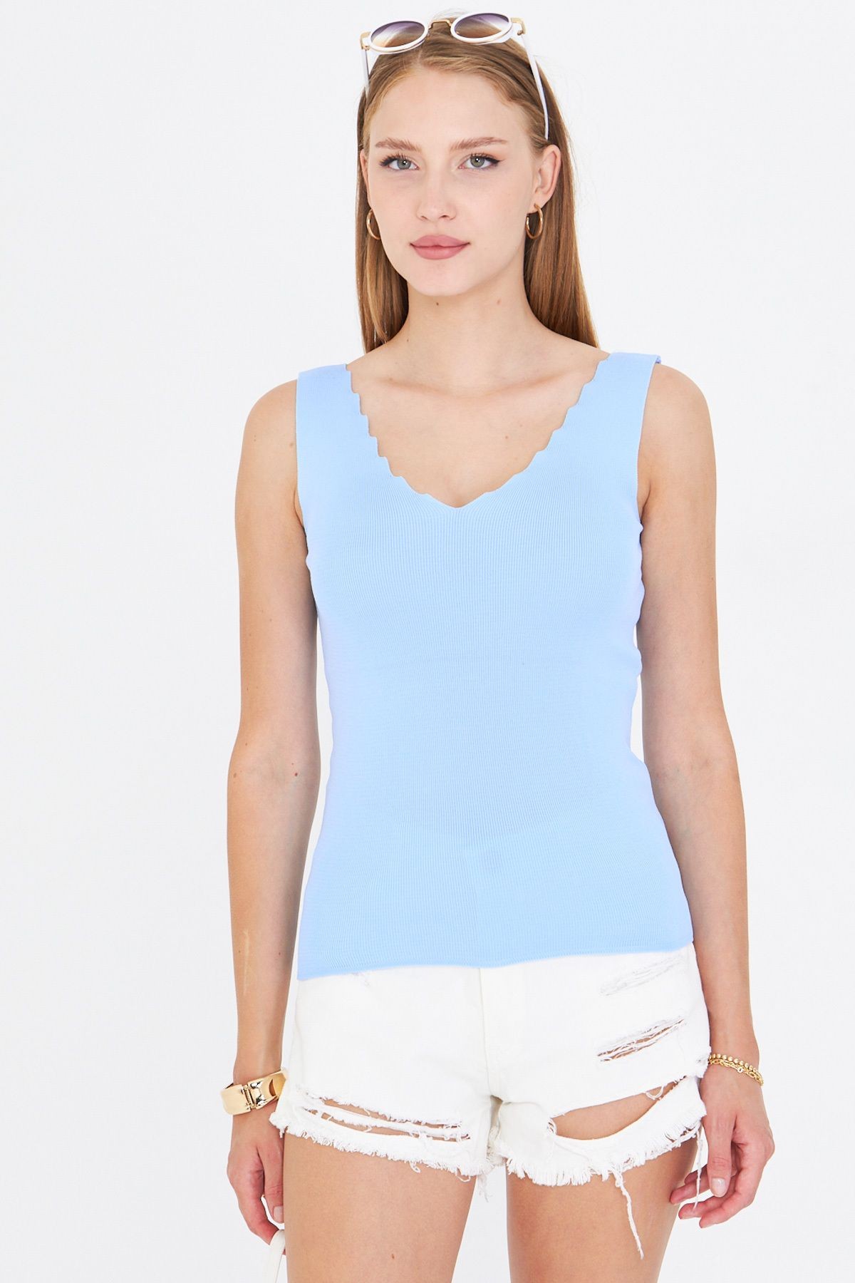 Kadın Bebe Mavi Zigzaglı V Yaka Kaşkorse Bluz ARM-23Y069004