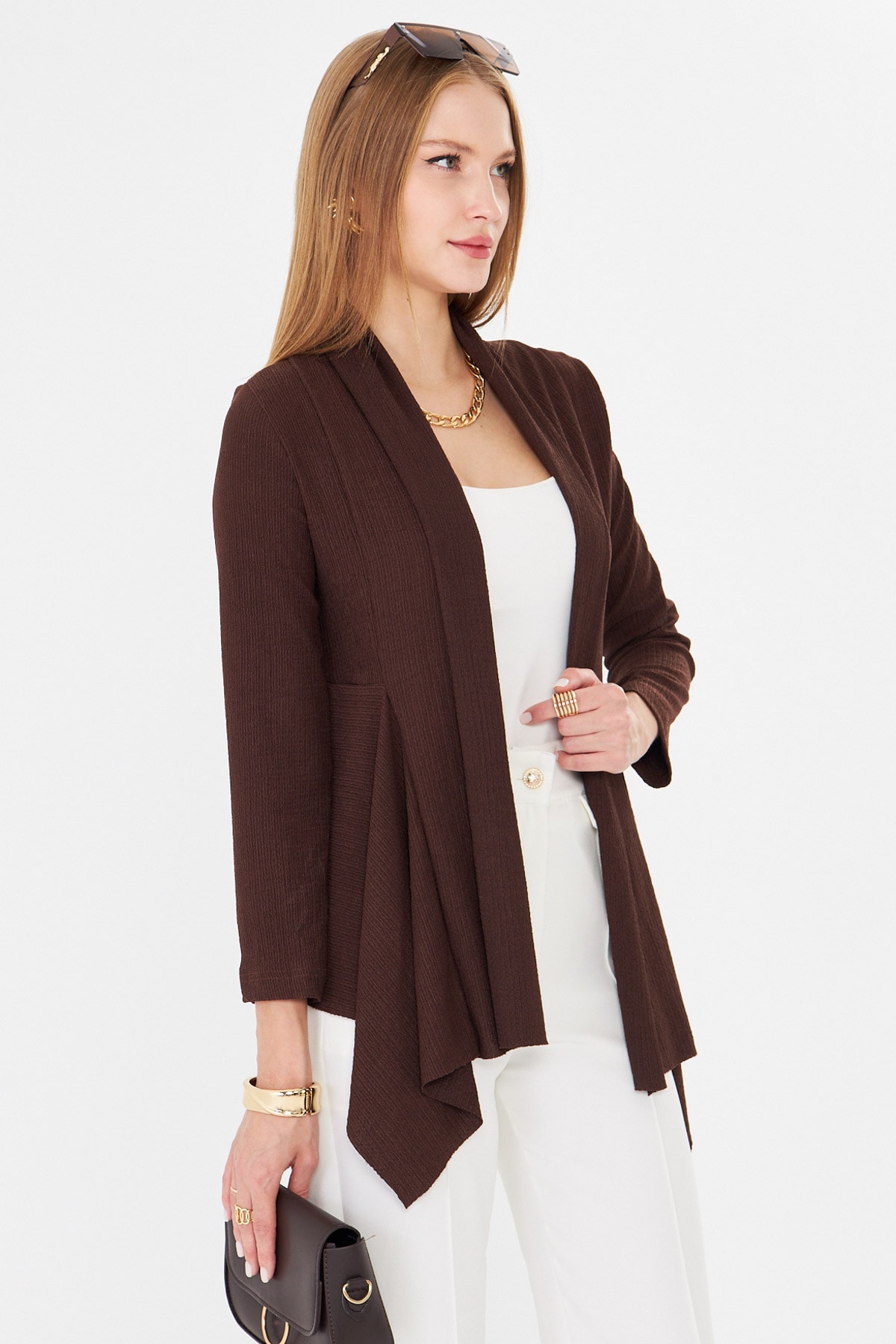 Kadın Kahve Desenli Triko Salaş Hırka ARM-26K001006