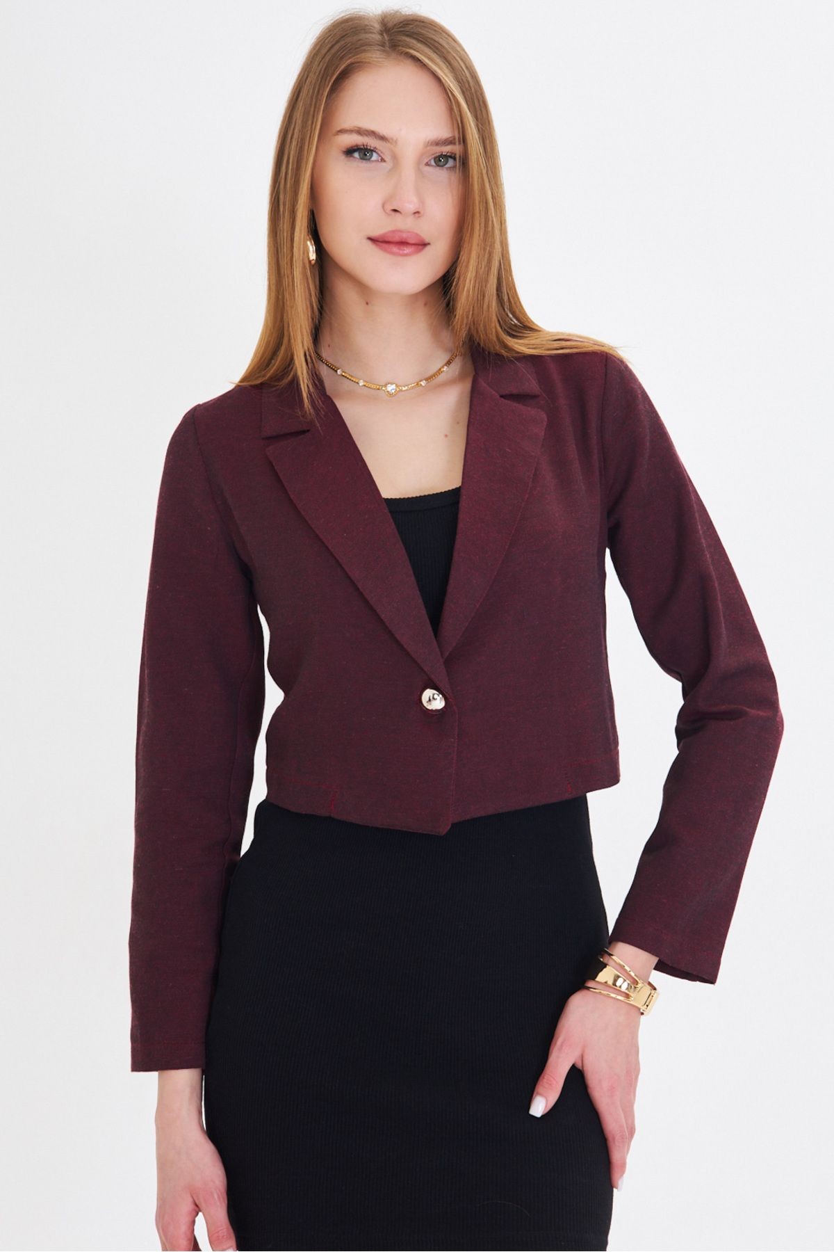 Kadın Bordo Tek Düğmeli Crop Ceket ARM-23Y001064