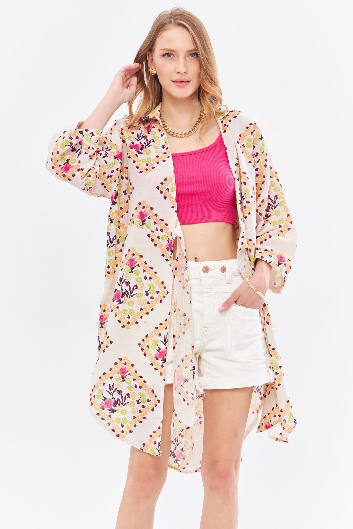 Kadın Açık Fuşya Keten Görünümlü Desenli Önden Bağlamalı Midi Boy Kimono Gömlek ARM-24Y001096