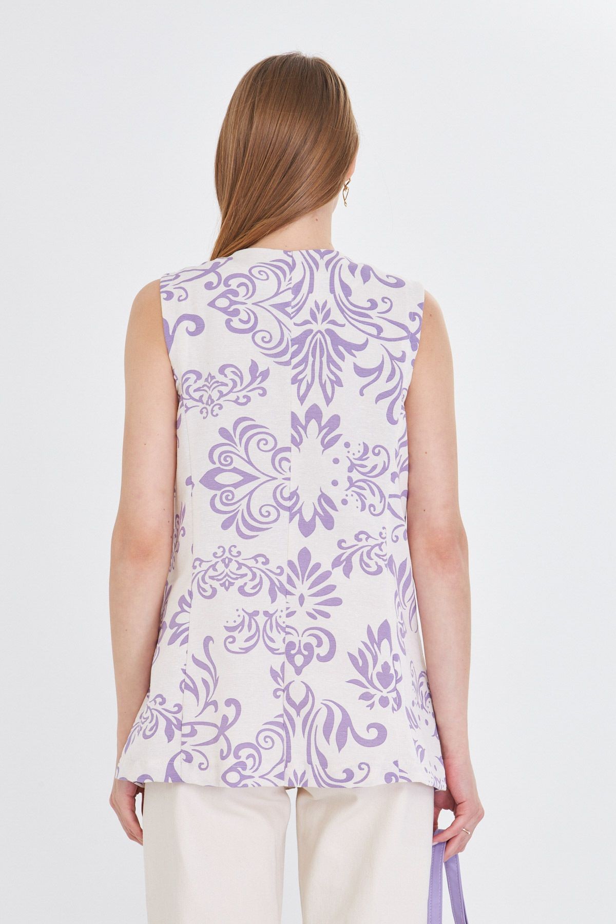 Kadın Lila V Yaka Tek Düğme Oversize Desenli Yelek ARM-25Y001032
