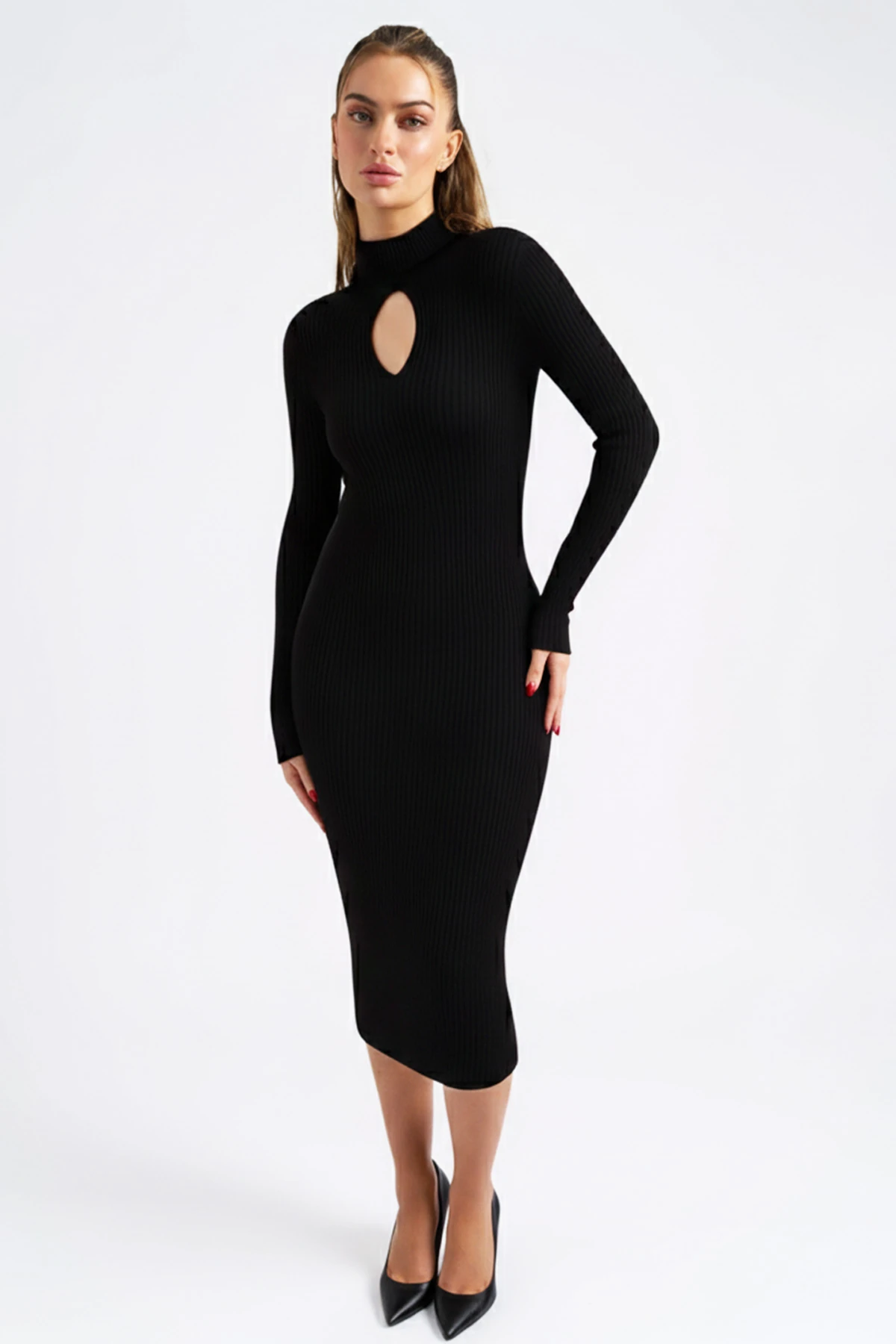 Kadın Siyah Balıkçı Yaka Önü Pencereli Triko Elbise ARM-26K136064