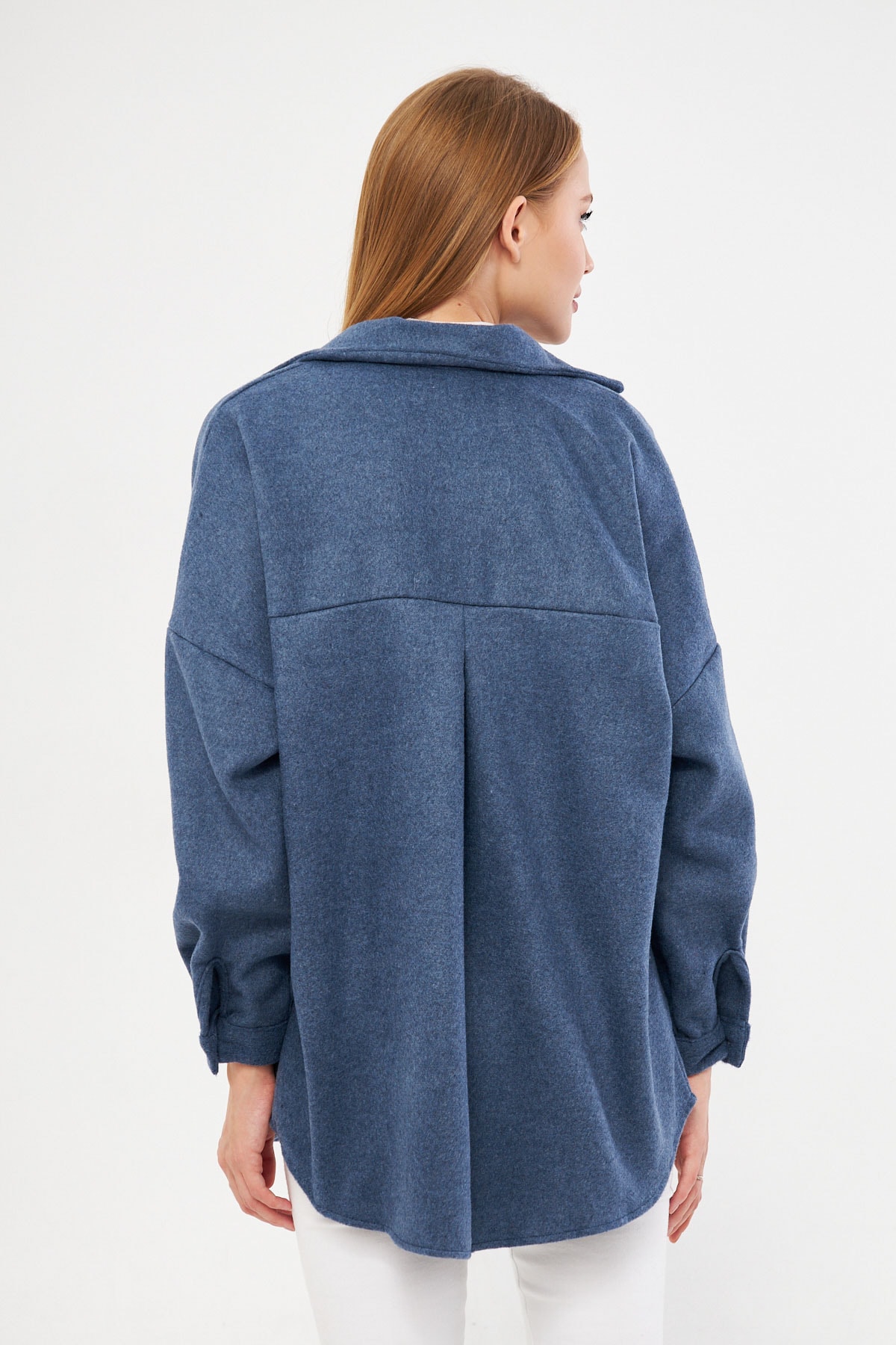 Kadın Koyu Mavi Oversize Kaşe Cepli Gömlek ARM-22Y001156
