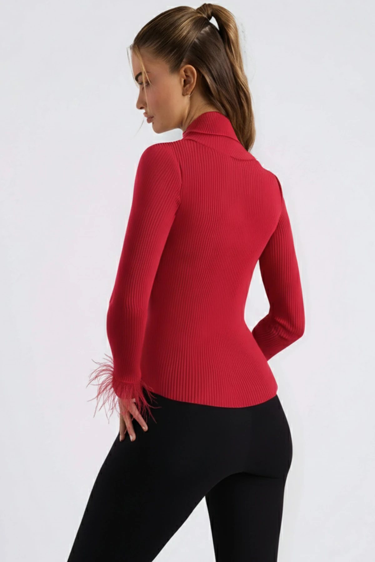 Kadın Kırmızı Balıkçı Yaka Kolucu Tüylü Triko Kazak ARM-26K136038