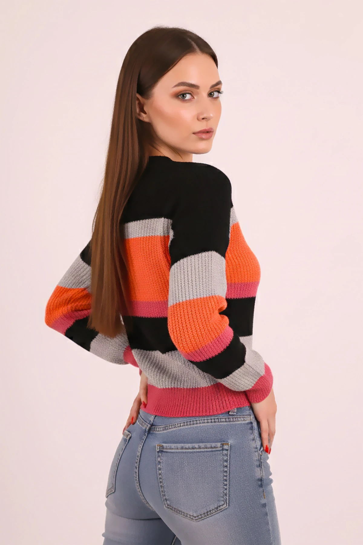 Kadın Fuşya Bisiklet Yaka Renkli Triko Kazak ARM-26K136057