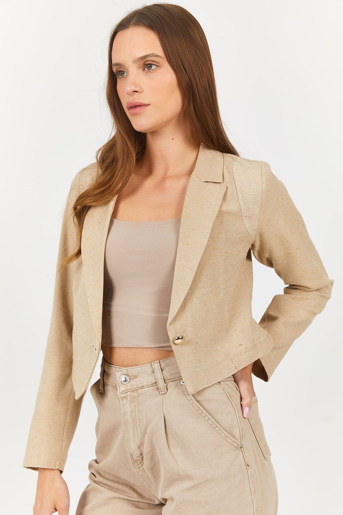 Kadın Vizon Tek Düğmeli Crop Ceket Arm-23y001064