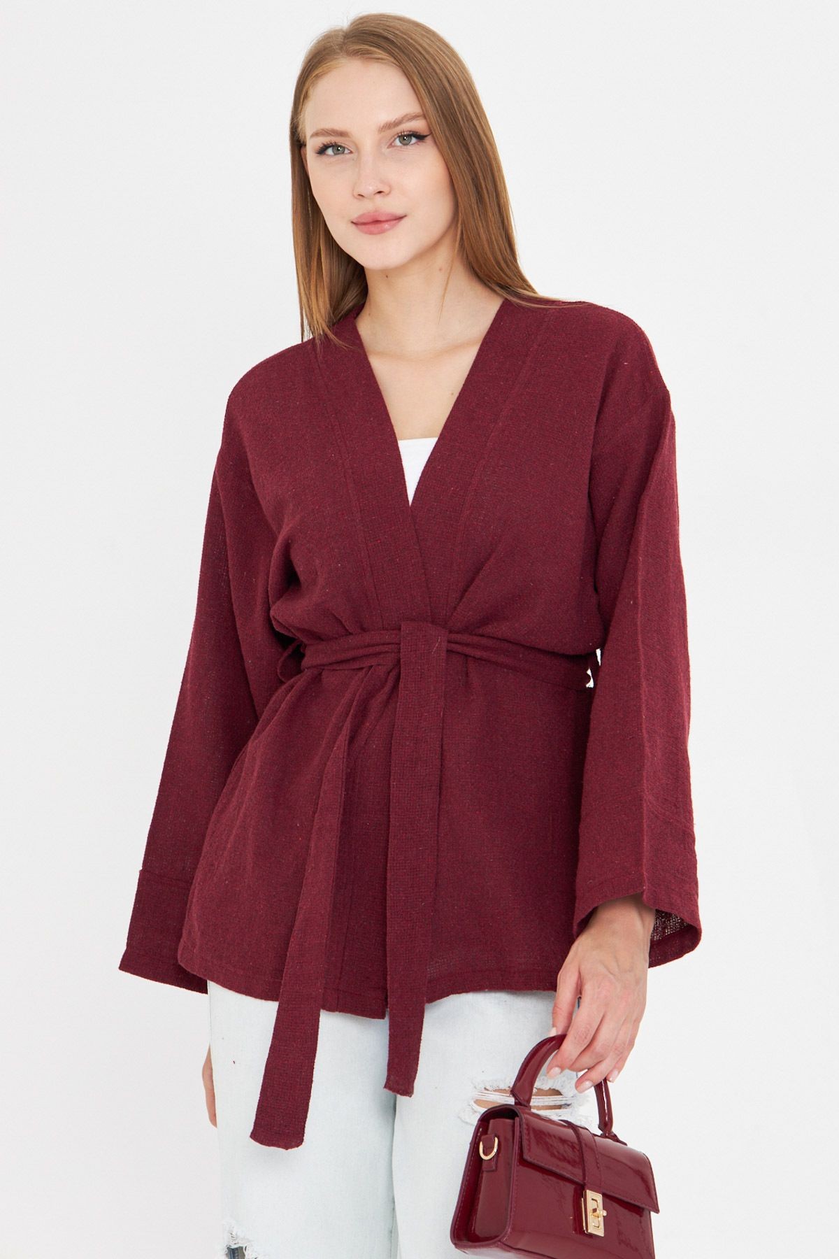 Kadın Bordo Kemerli Kimono ARM-25Y001073