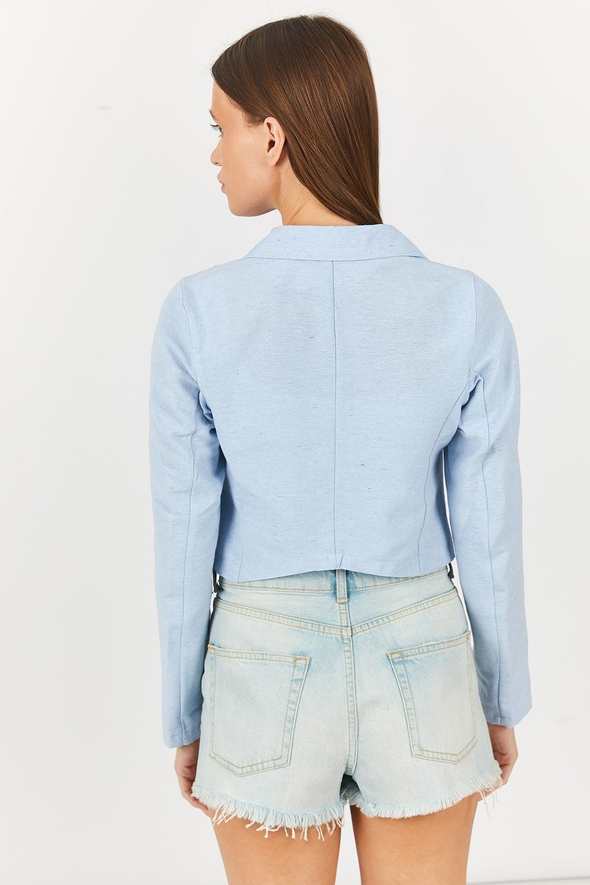 Kadın Bebe Mavi Tek Düğmeli Crop Ceket Arm-23y001064