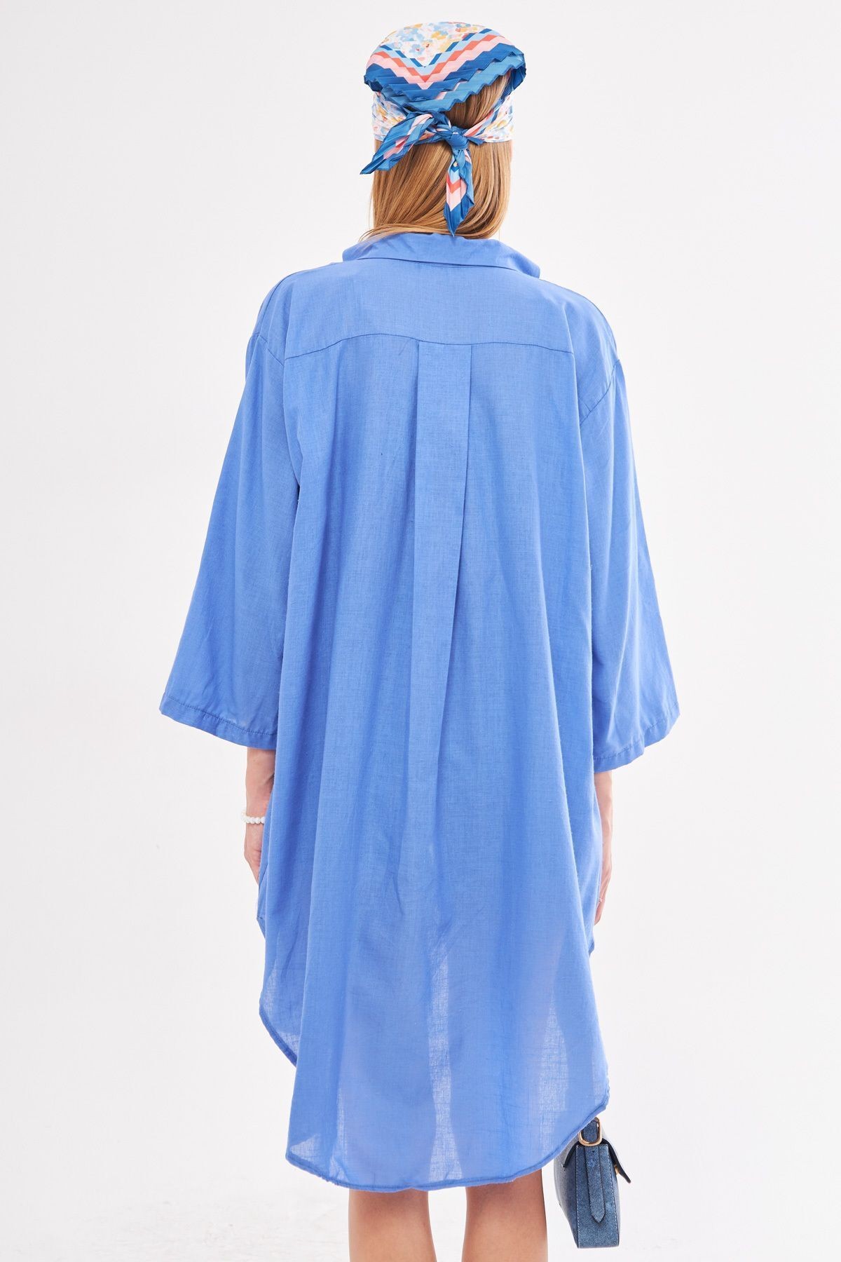 Kadın İndigo Önden Bağlamalı İnce Keten Kumaş Midi Boy Kimono Gömlek ARM-24Y001081